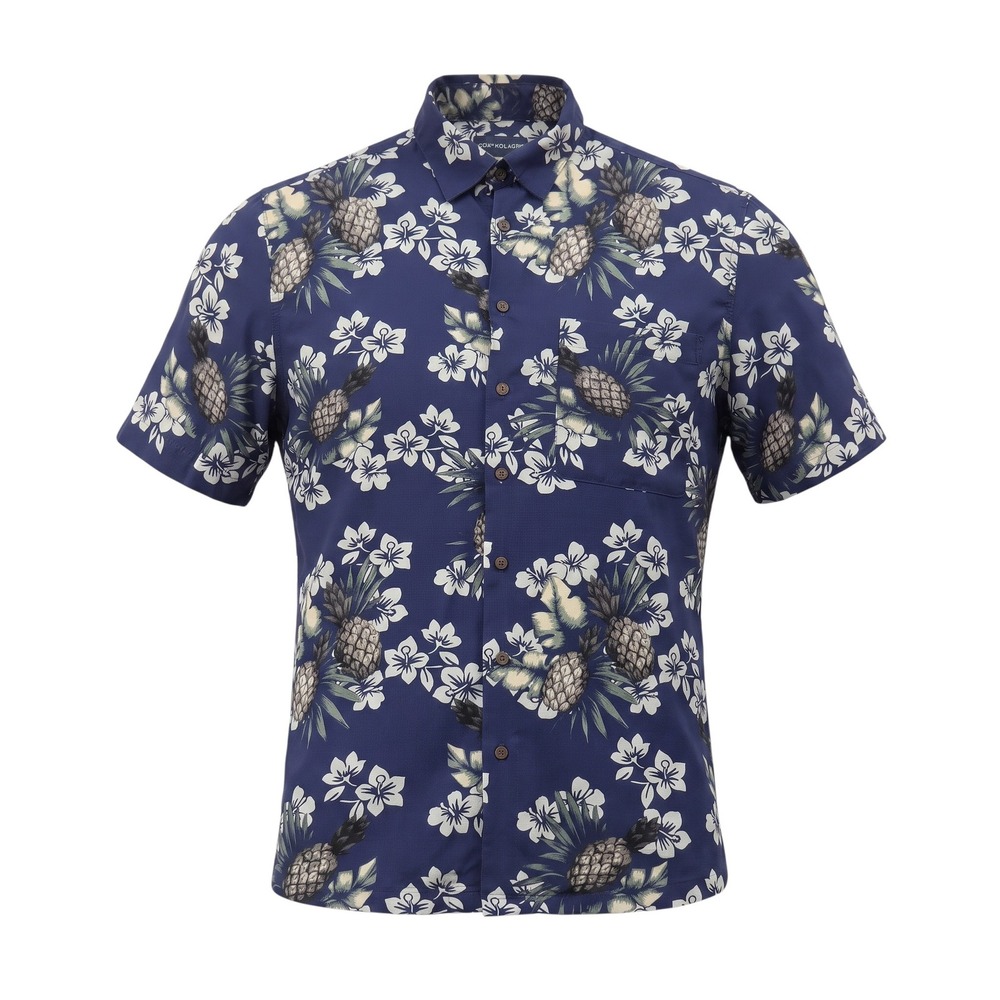 John Ashford Mens Shirt Small Hawaiian Blue Rayon Floral Pineapple Short Sleeve